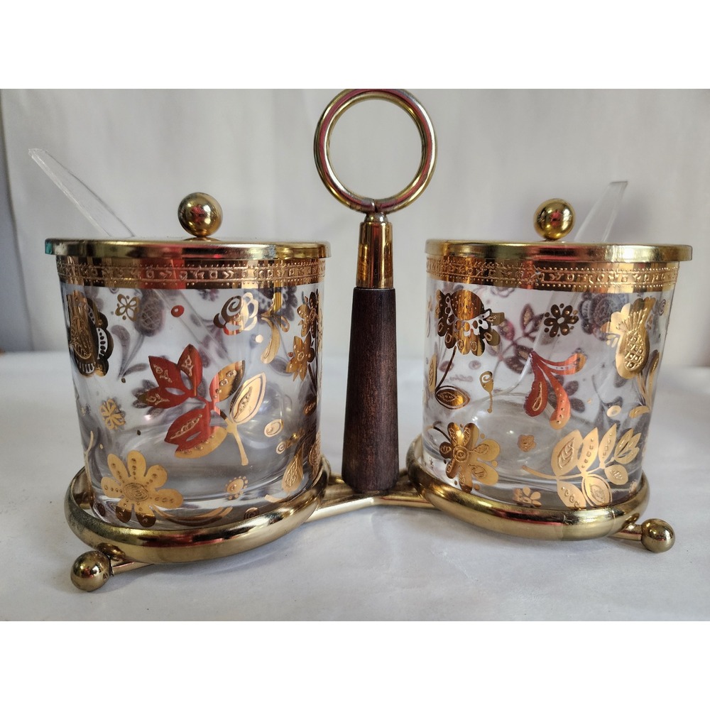 Vintage Mid Century Gold Floral Glass Condiment Set Caddy Wooden Handle 2 Jars